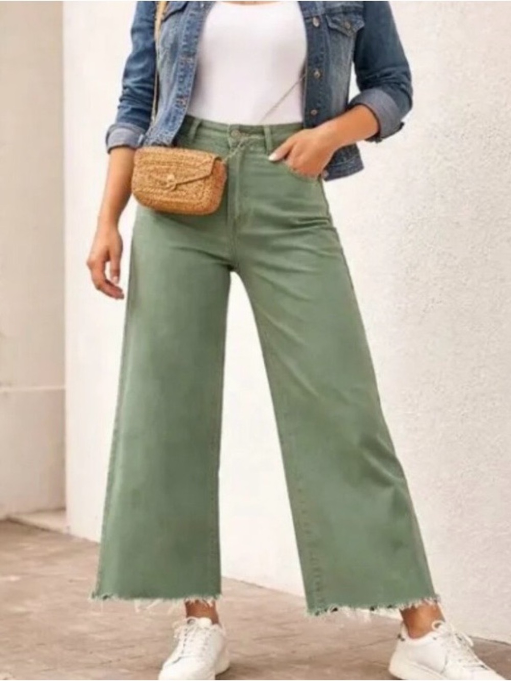 Joe’s Jeans High Rise Wide Leg Crop Raw Hem Jeans Olive Green 26